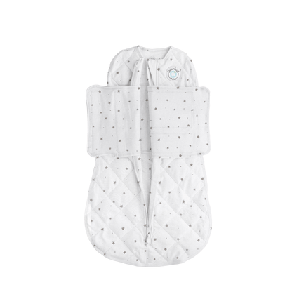 White baby sleeping bag with gray star pattern on a white background
