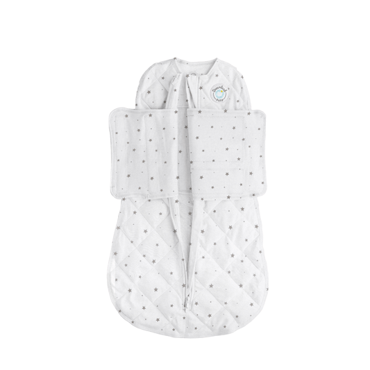 White baby sleeping bag with gray star pattern on a white background