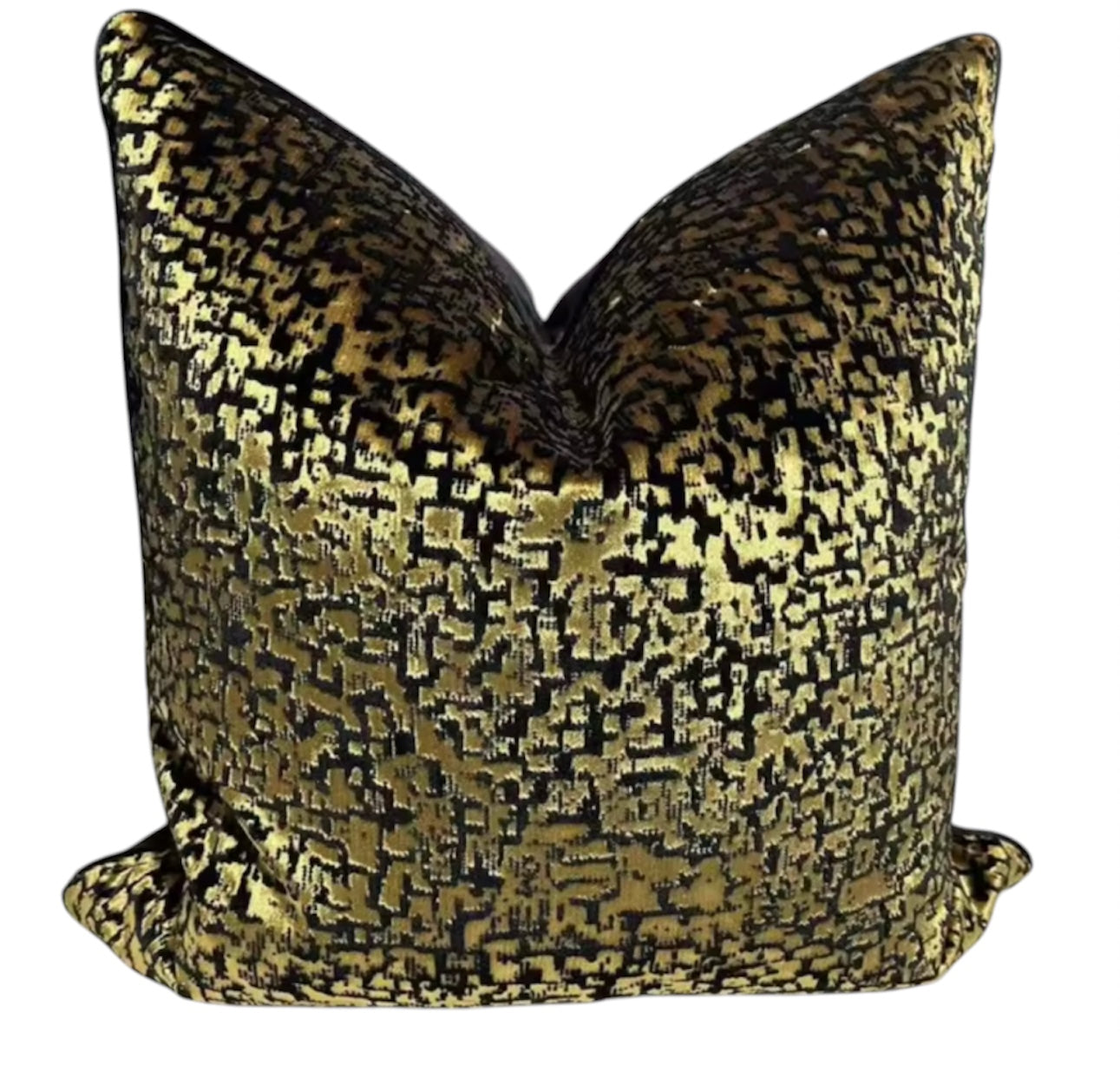 Decorative pillow with gold and black pattern on a white background