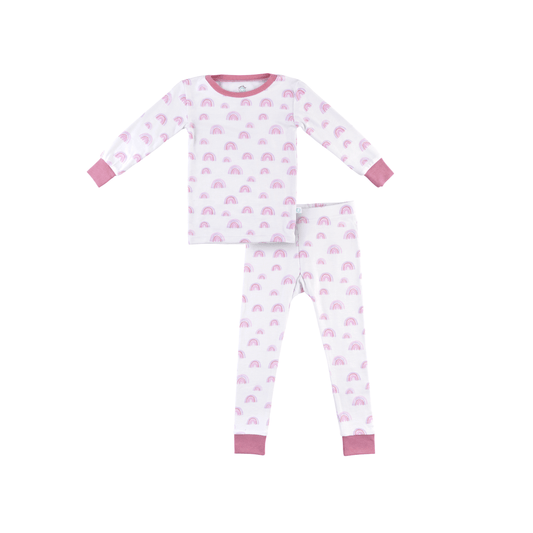 Children's pajama set with pink elephant pattern on a white background
