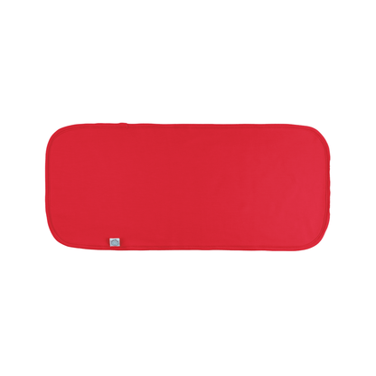 Red rectangular pouch with a small logo on a white background
