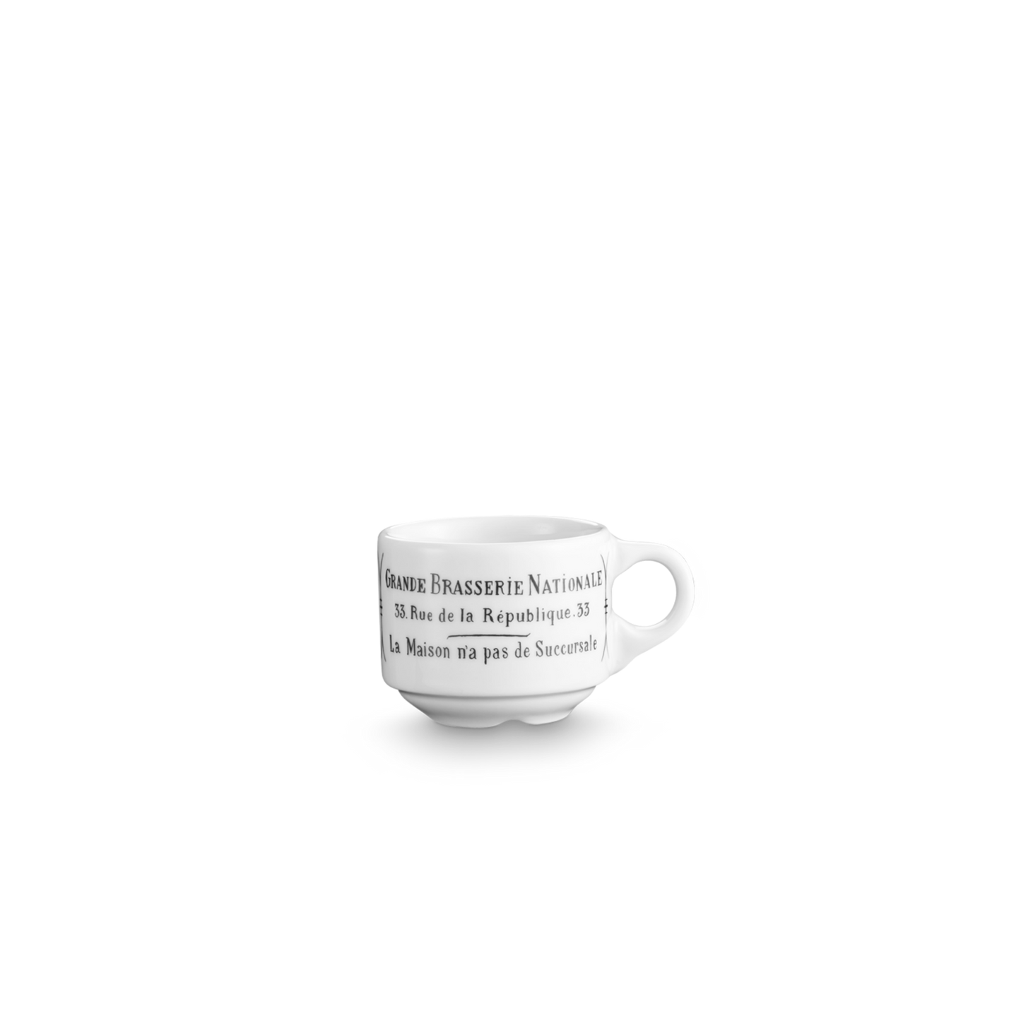 White coffee cup with black text on a white background