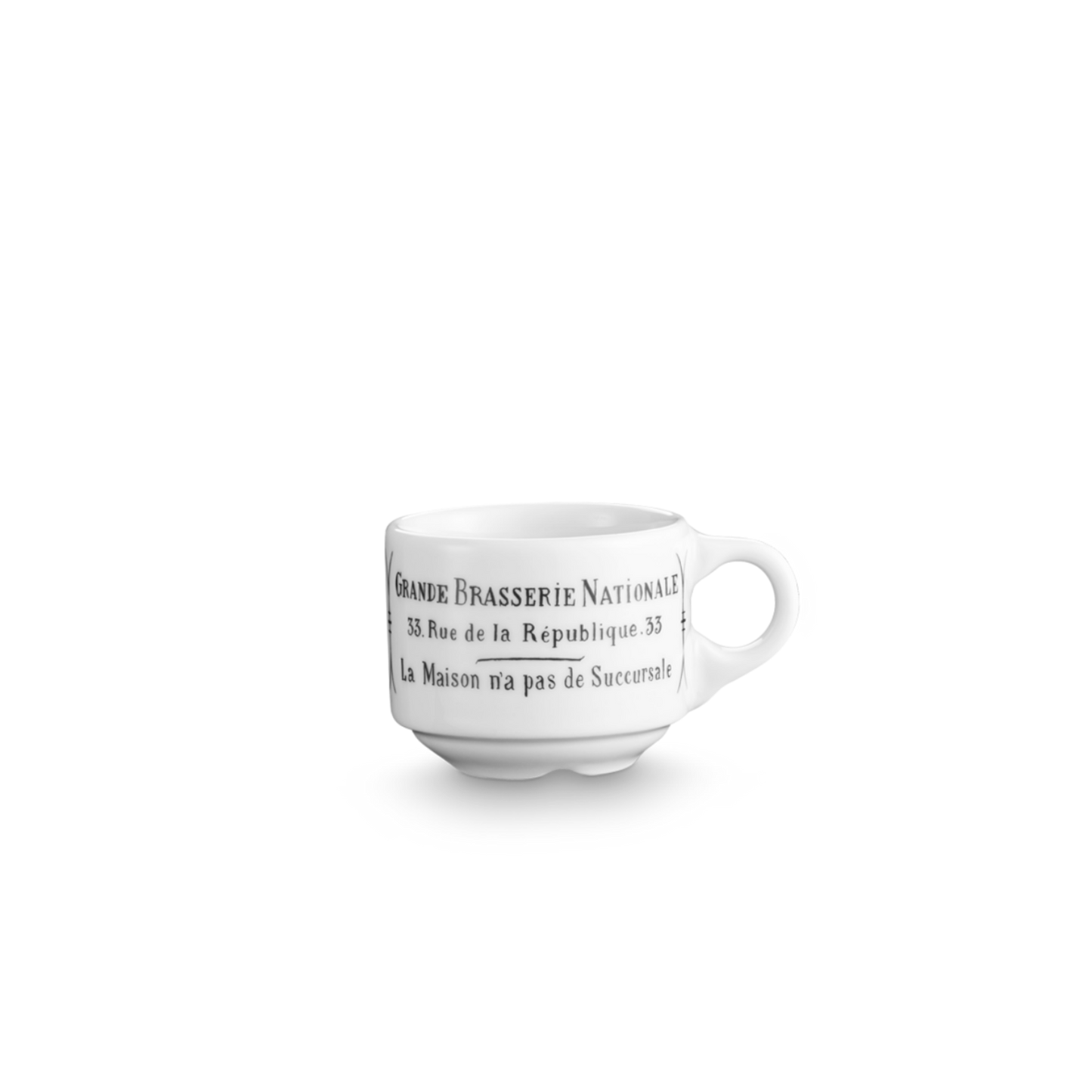 White ceramic cup with black text on a white background
