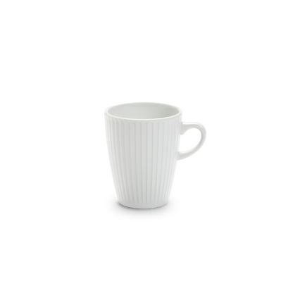 White ceramic mug with ribbed texture on a white background