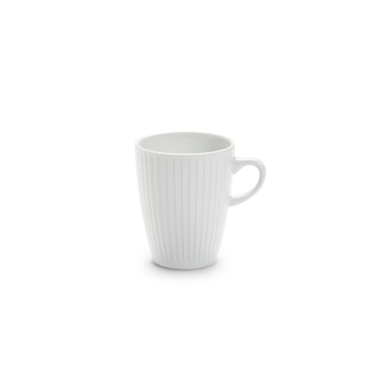 White ceramic mug with ribbed texture on a white background
