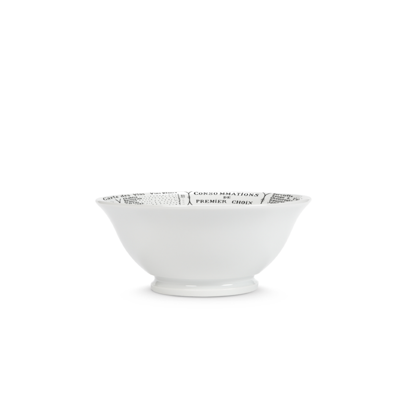 White ceramic bowl with black text on a white background
