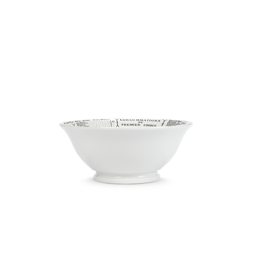 White ceramic bowl with black text on a white background