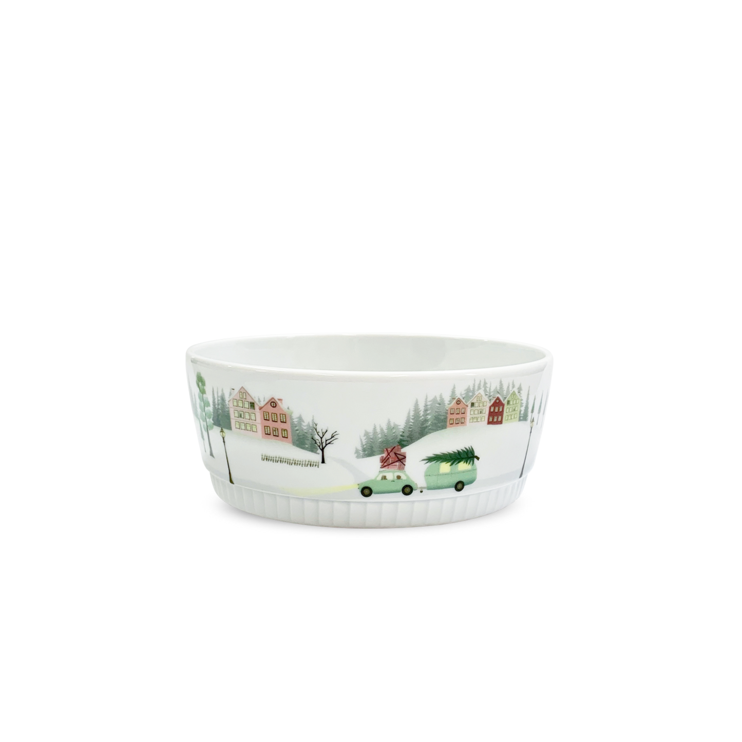 Decorative bowl with winter scene design on a white background