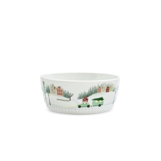 Decorative bowl with winter scene design on a white background