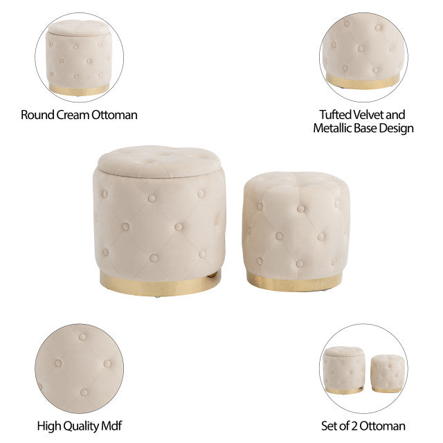 Tufted Storage Ottoman in Cream Set of 2 showing 5 photos all together in one image