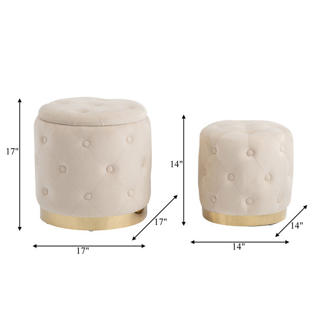 Tufted Storage Ottoman in Cream Set of 2 shows measurements of both