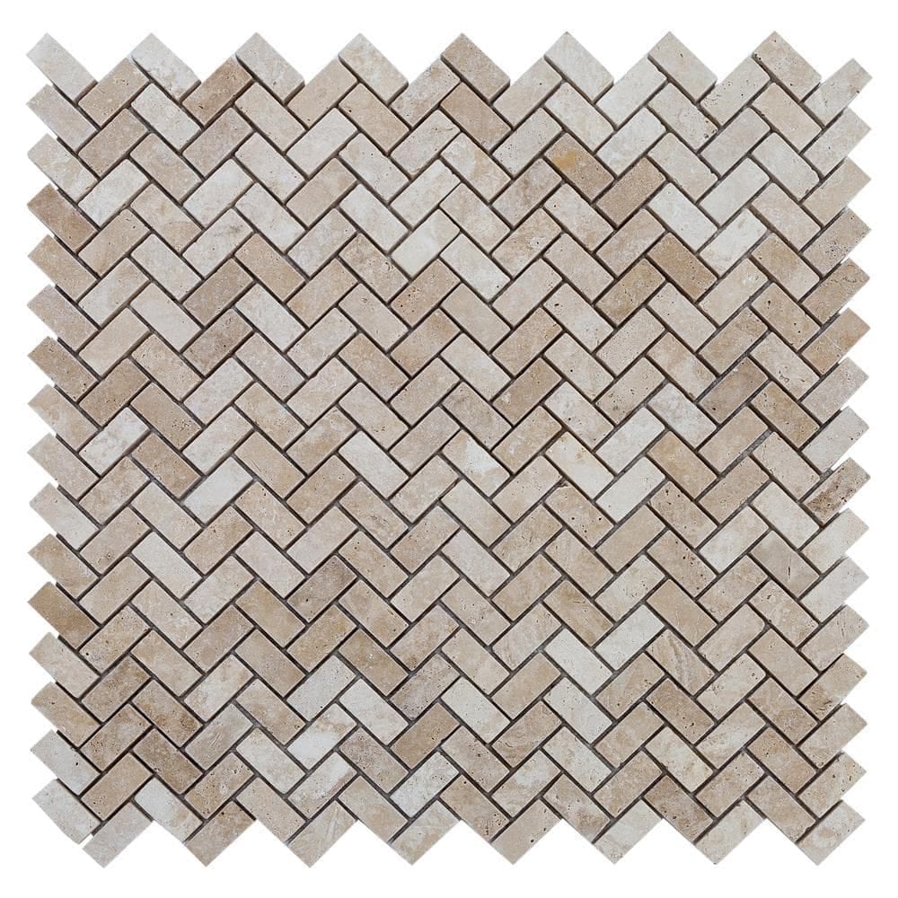 Medium Beige Travertine Tumbled Herringbone Mosaic Floor and Wall Tile - Livfloors Collection