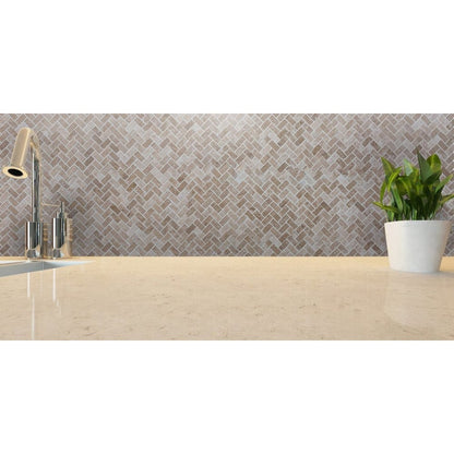 Medium Beige Travertine Tumbled Herringbone Mosaic Floor and Wall Tile - Livfloors Collection