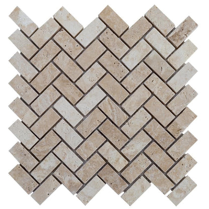 Medium Beige Travertine Tumbled Herringbone Mosaic Floor and Wall Tile - Livfloors Collection