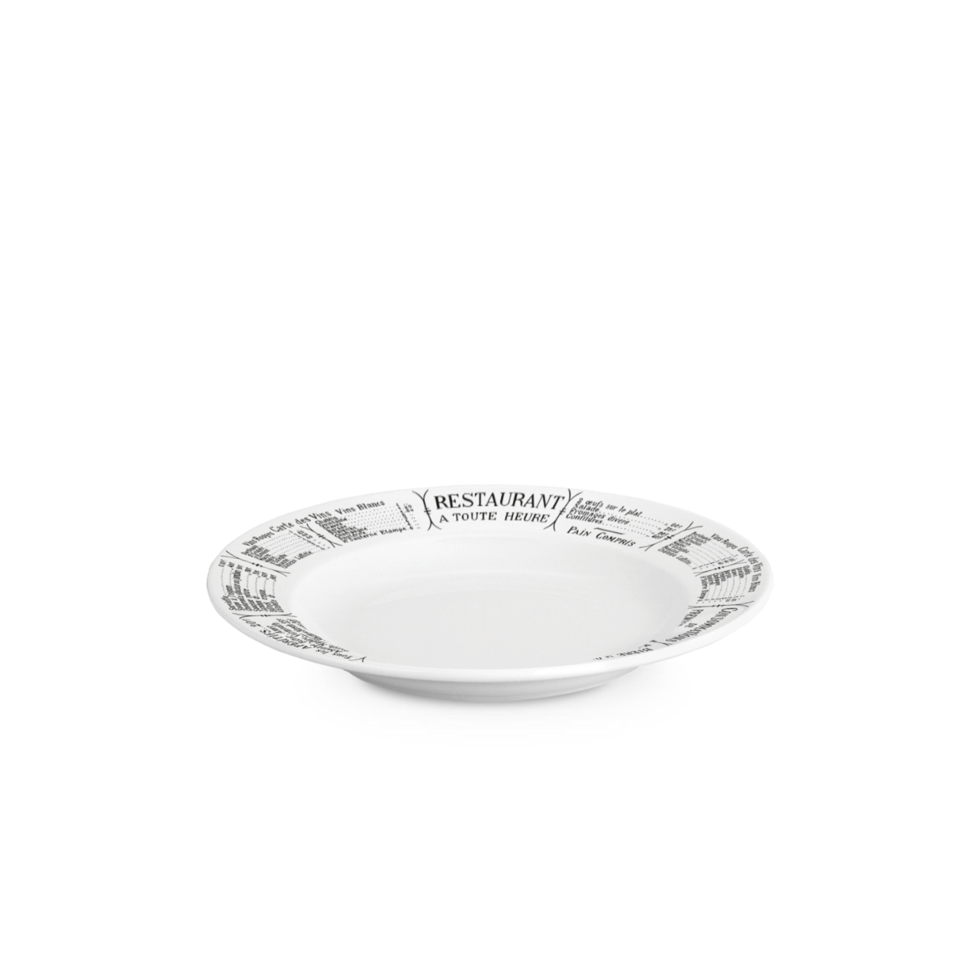 White ceramic plate with black text and design on a white background