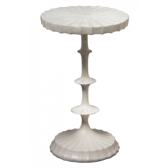 Decorative white side table with a scalloped design on a white background