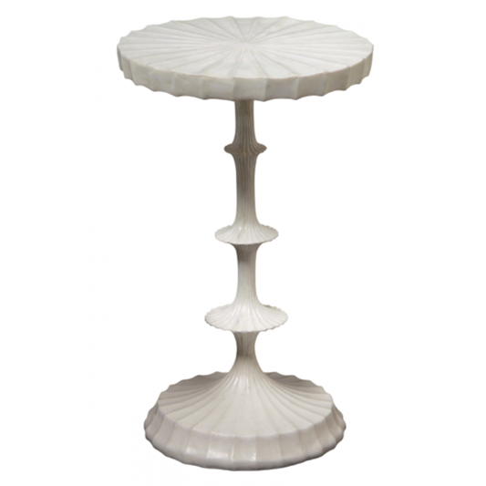 Decorative white side table with a scalloped design on a white background
