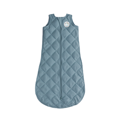 Quilted blue baby sleeping bag on a white background