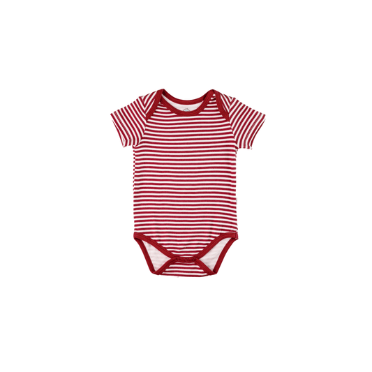 Red and white striped baby onesie on a white background