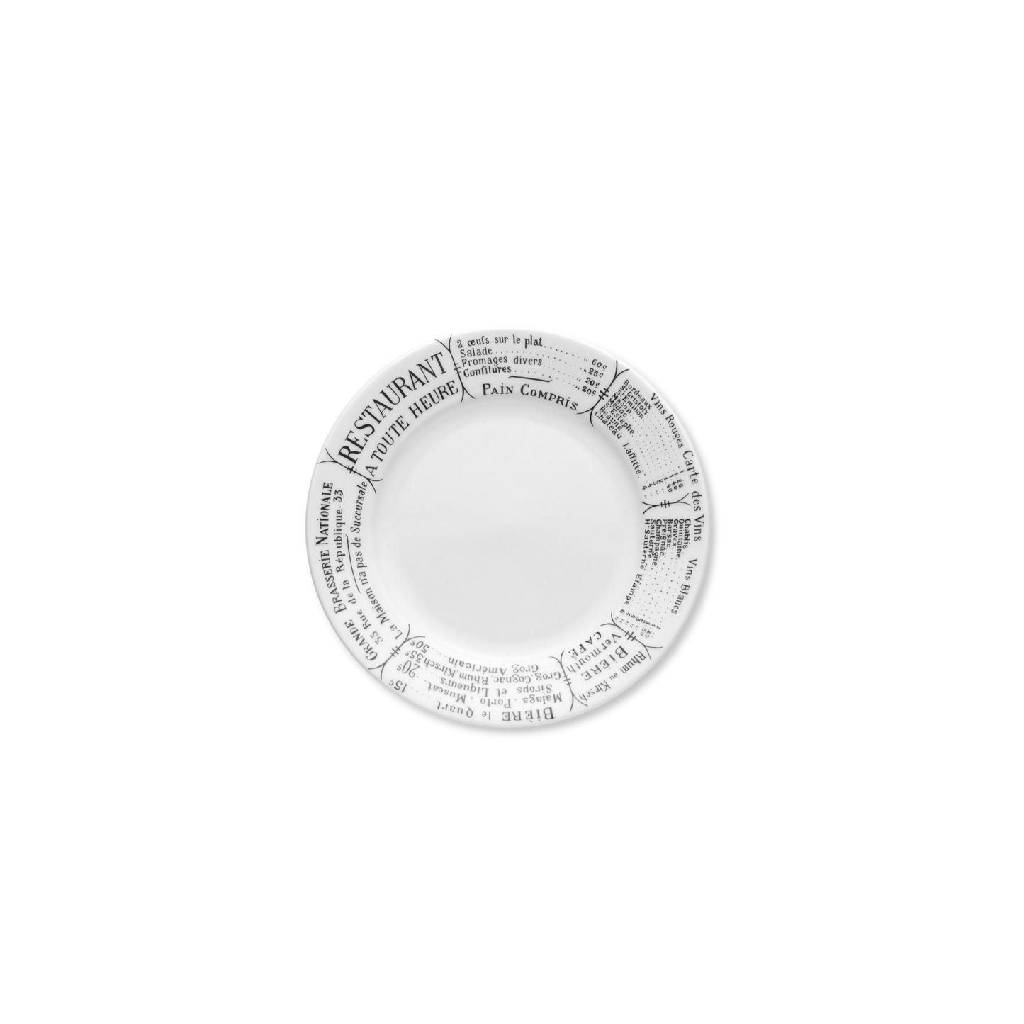 Round white plate with black text on a white background