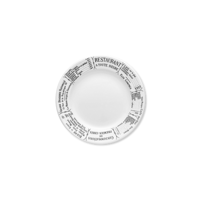 White plate with black text on a white background