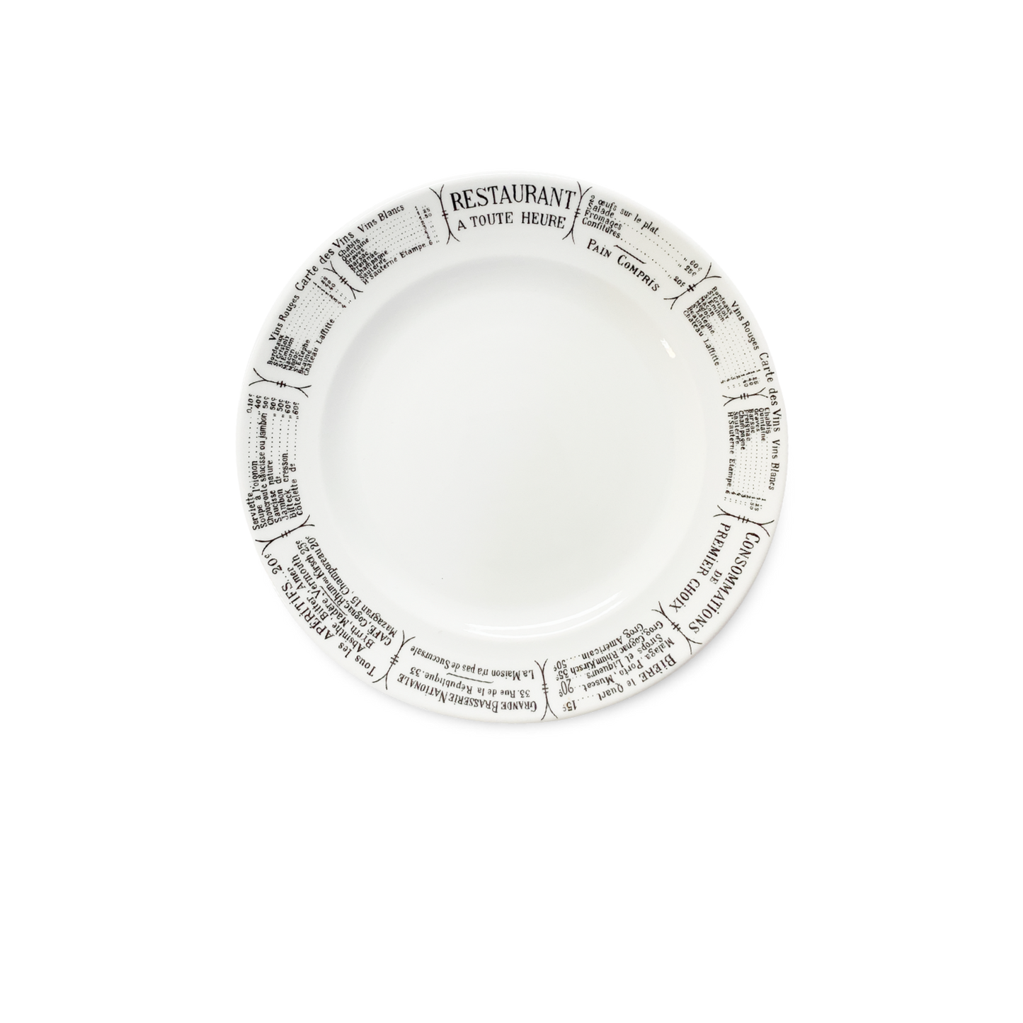 White plate with black text around the rim on a white background
