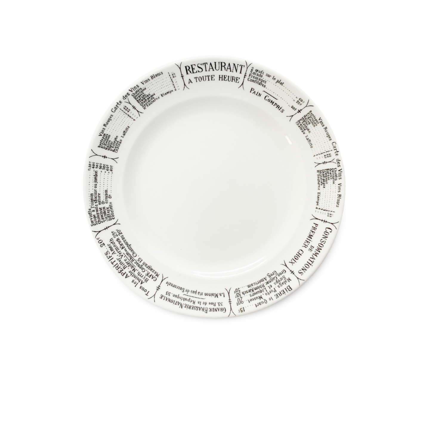 White plate with black text border on a white background