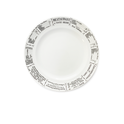 White plate with black text border on a white background