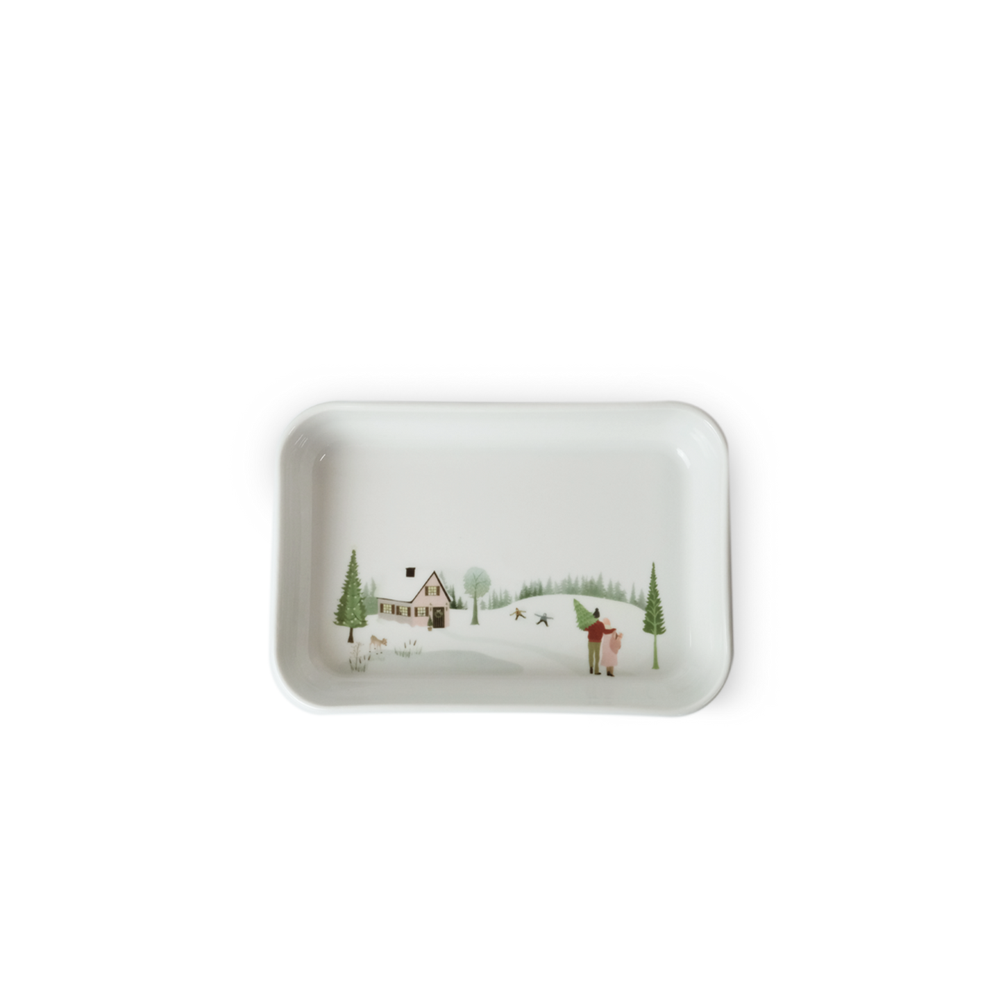 Rectangular ceramic tray with a winter scene design on a white background
