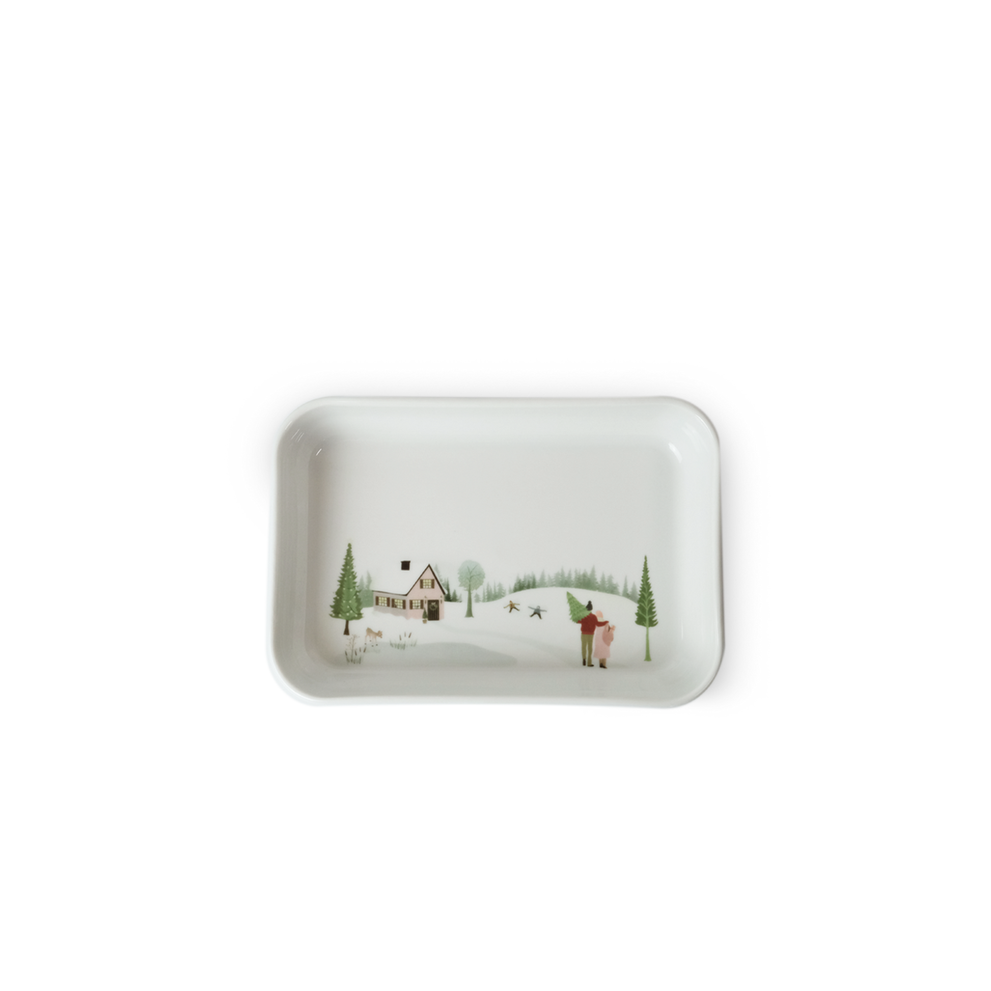 Rectangular ceramic tray with a winter scene design on a white background