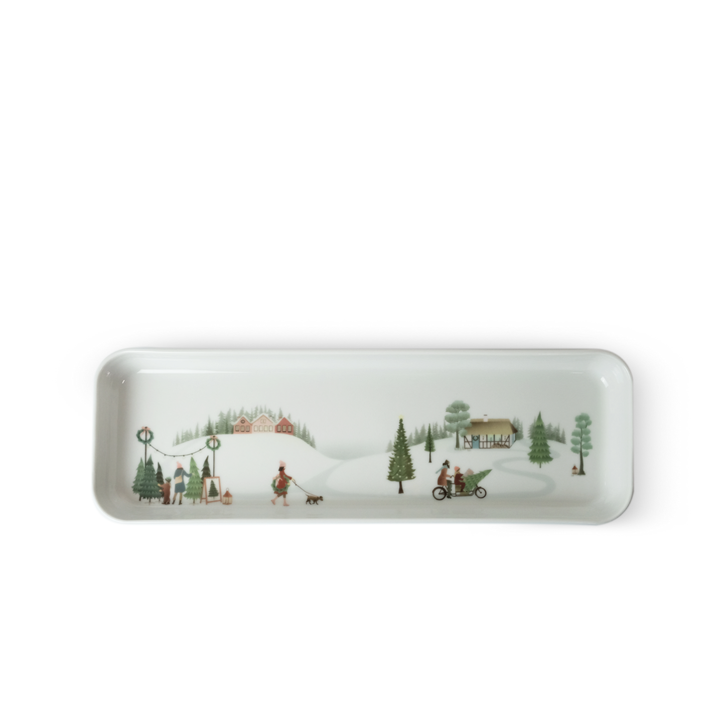 Decorative tray with winter scene design on a white background
