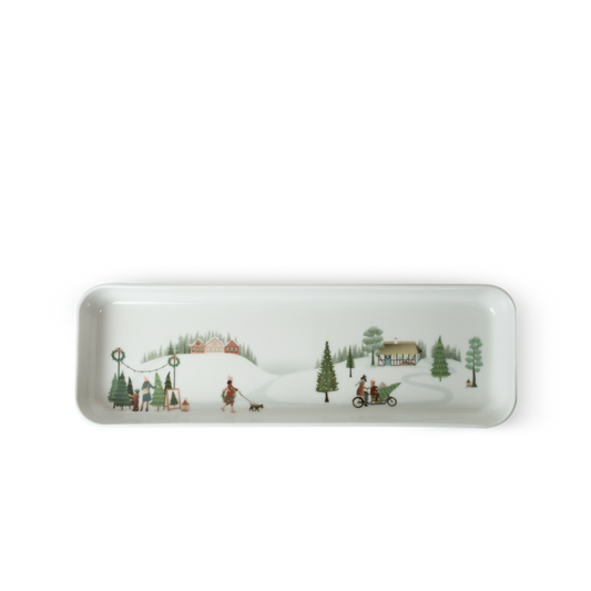 Decorative tray with winter scene design on a white background