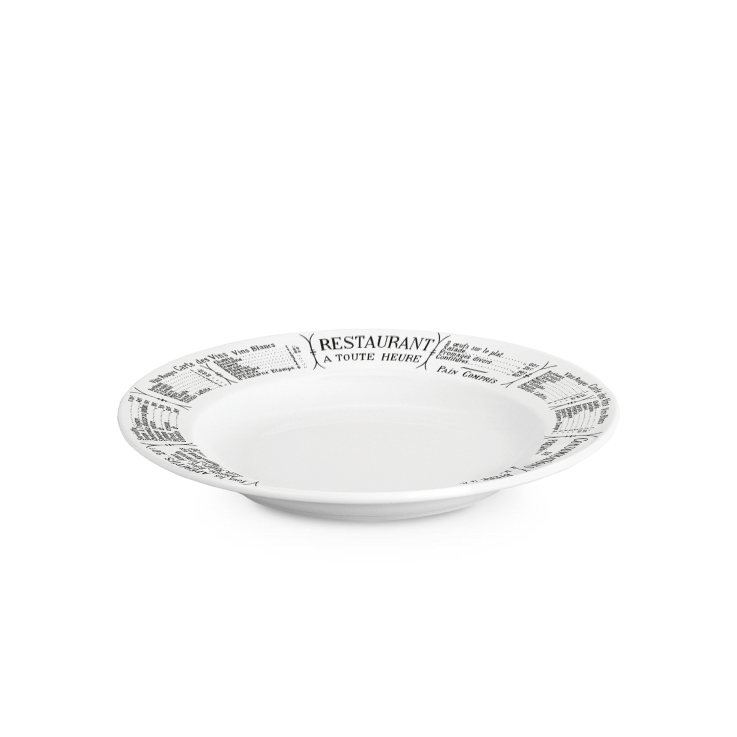 White plate with black text on a white background