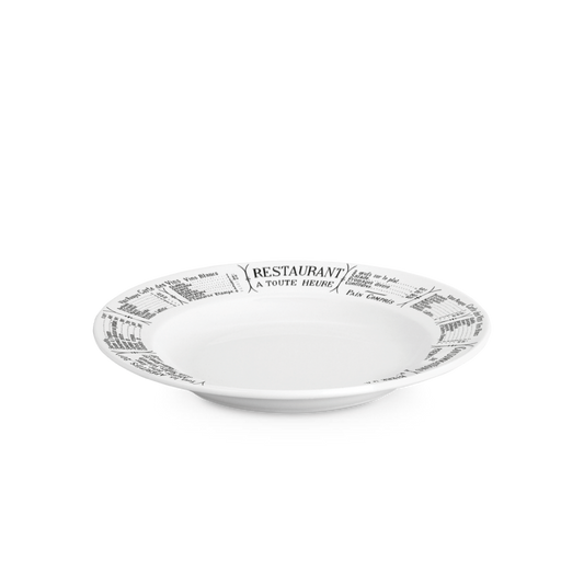 White plate with black text on a white background