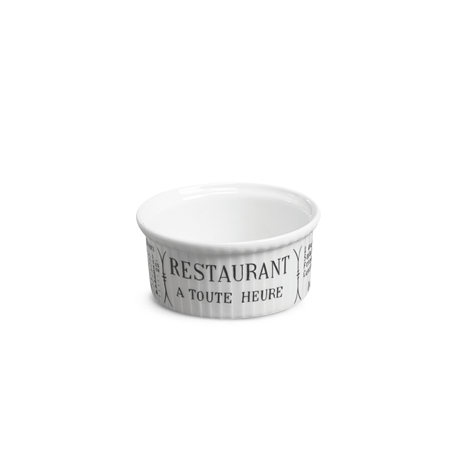 White ramekin with black text on a white background