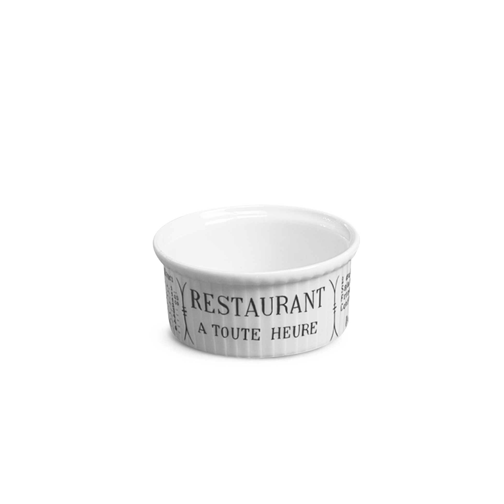 White ramekin with black text on a white background