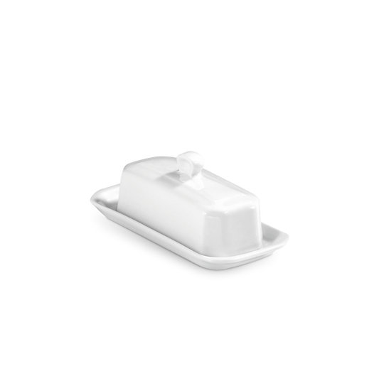 White ceramic butter dish on a white background