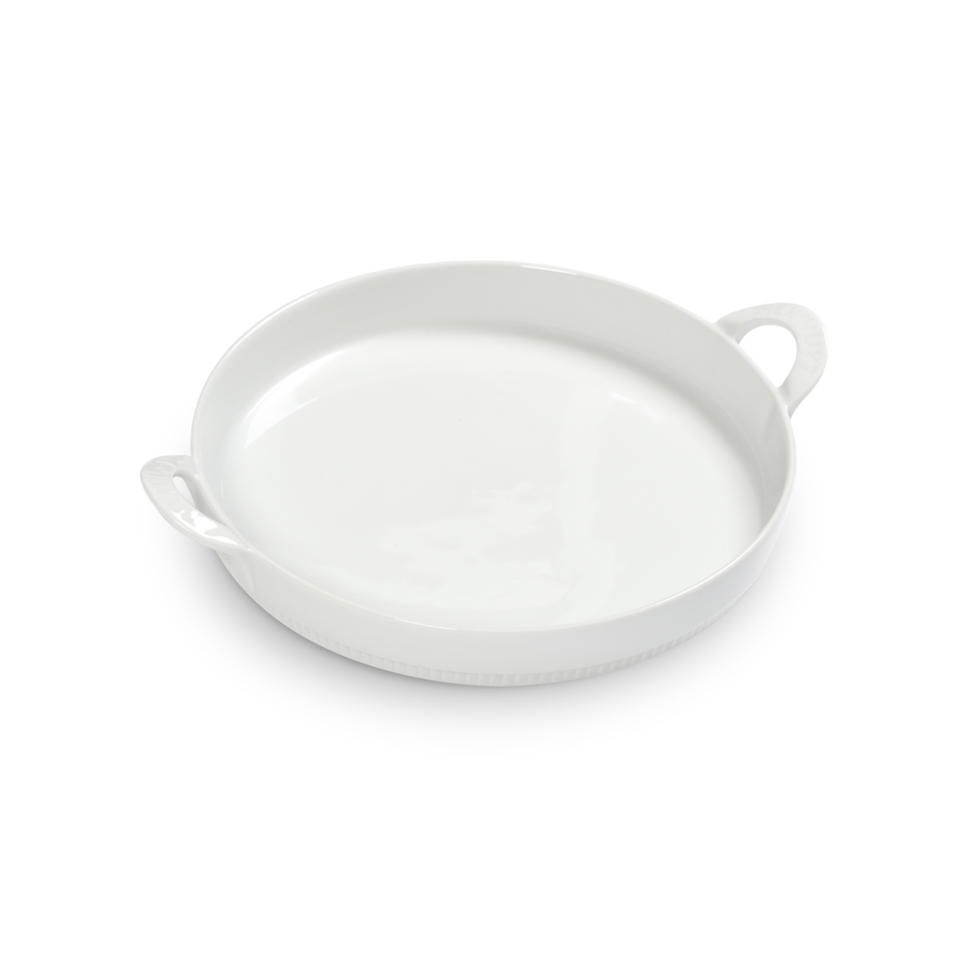 White ceramic dish with handles on a white background
