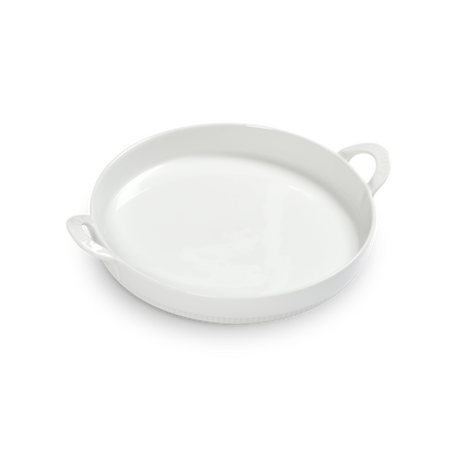 White ceramic dish with handles on a white background