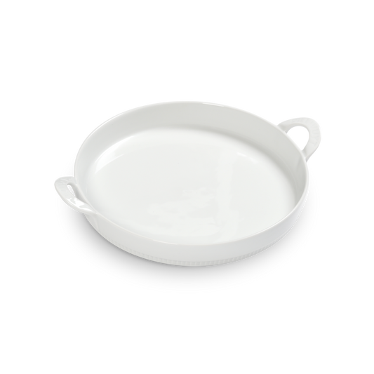White ceramic dish with handles on a white background