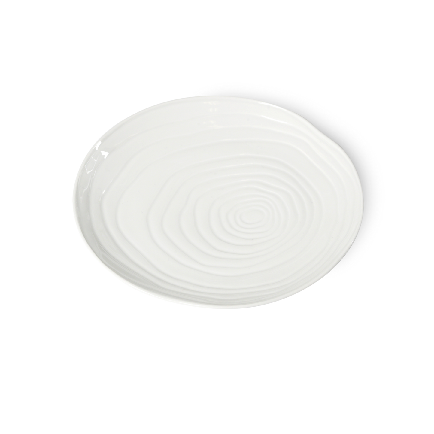 White ceramic plate with spiral design on a white background