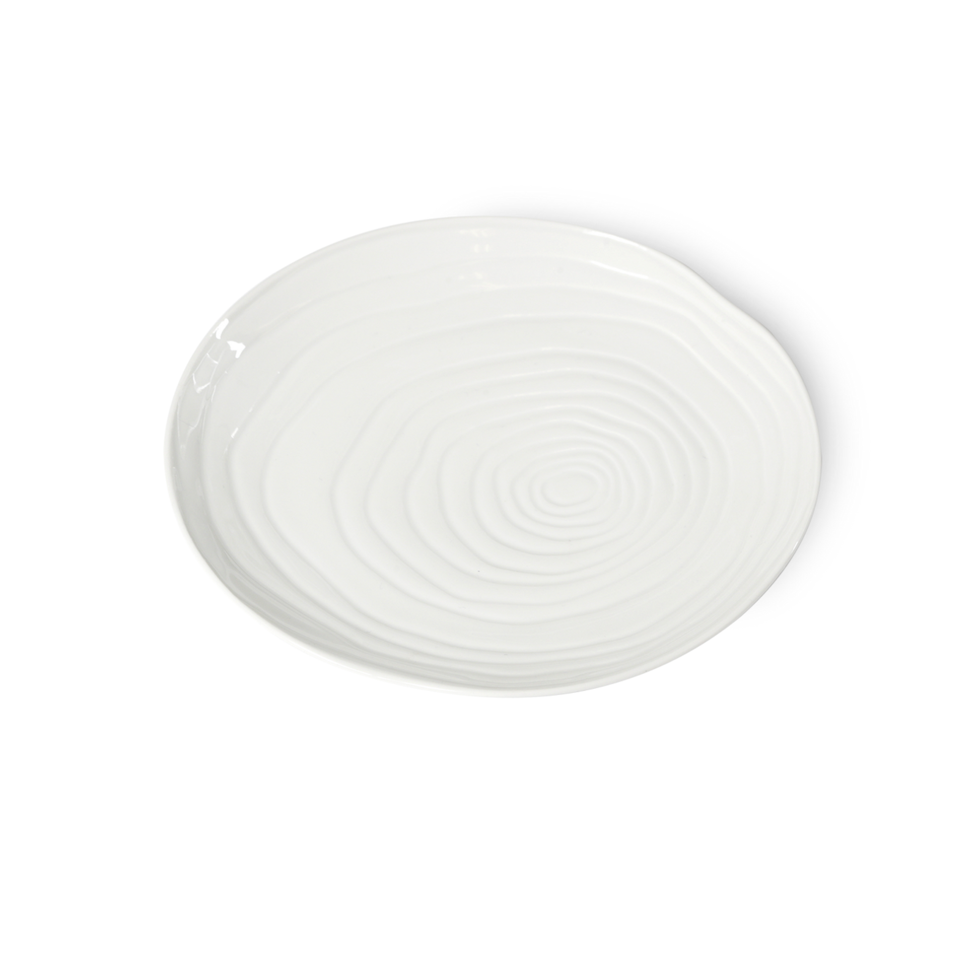 White ceramic plate with spiral design on a white background