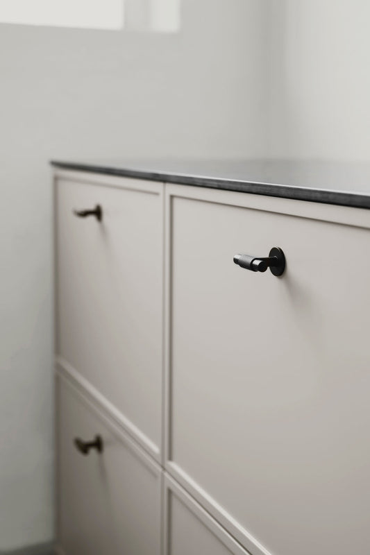 Knurled Backplate "Manor" Matte Black Cabinet Knobs and Drawer Pulls