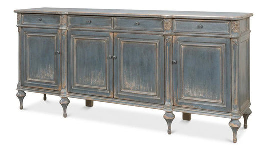 Vintage-style sideboard with distressed blue paint and decorative elements on a white background