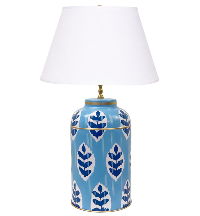 Louvre Ikat Tea Caddy Lamp in Blue with White Linen Shade by Dana Gibson