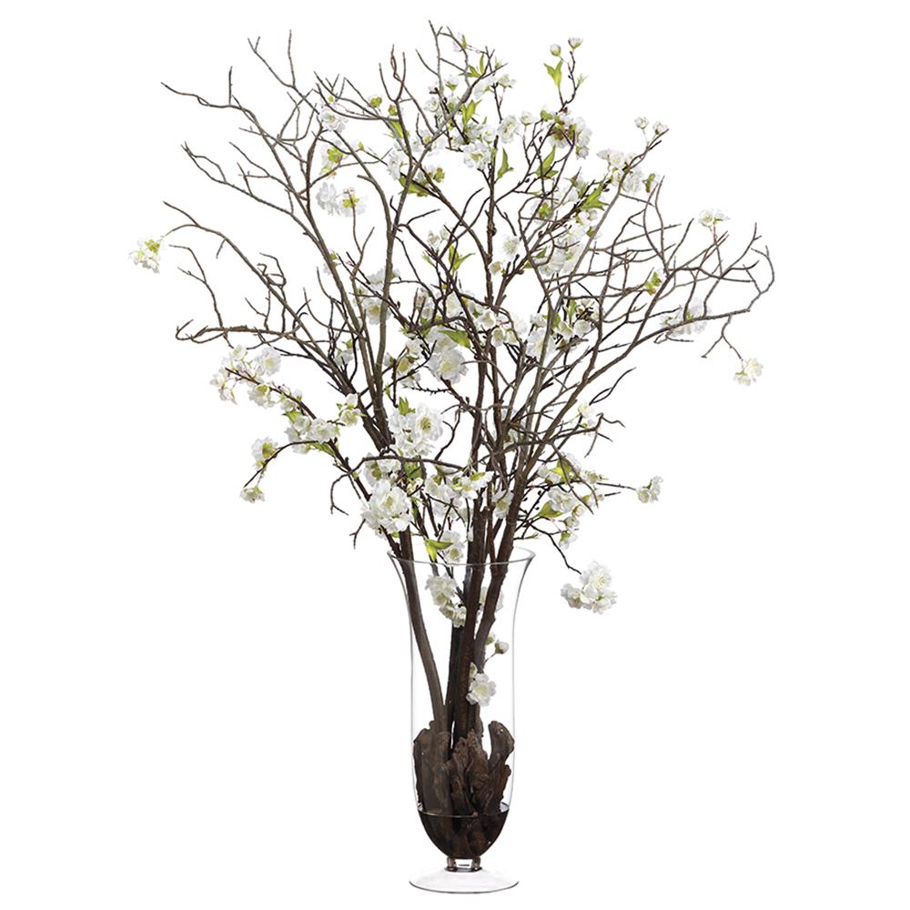 Artificial Faux White Cherry Blossoms in Glass Fluted Vase