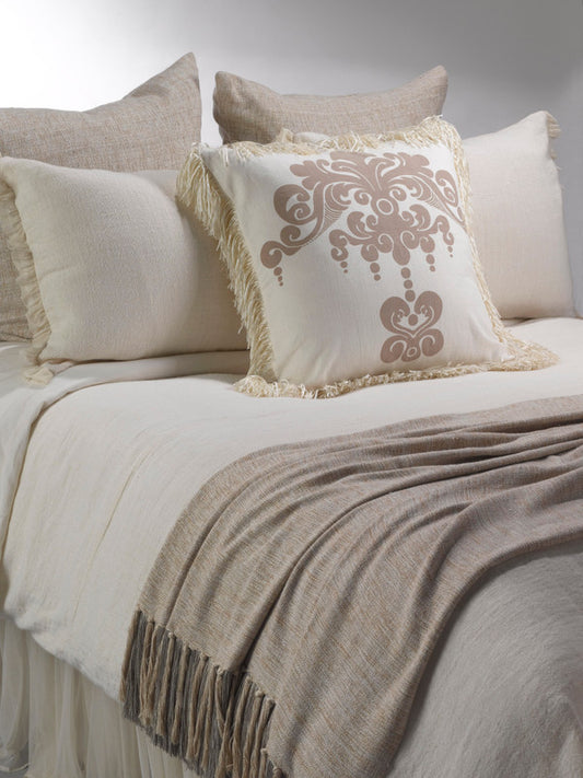 Enchantique Ivory and Sable/Taupe Stonewashed Cotton Decorative Throw Pillow with Fringe 22"Sq ea