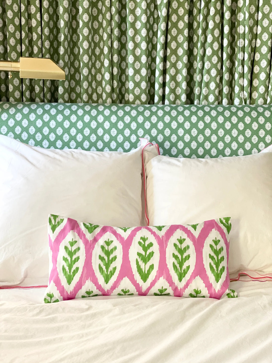 Louvre Ikat in Pink and Green Lumbar Pillow by Dana Gibson