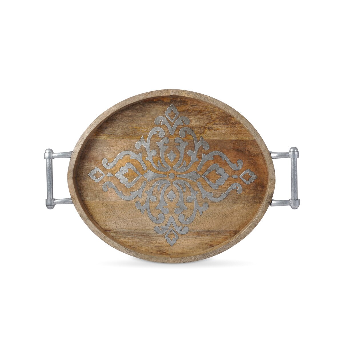 Wooden tray with decorative metal handle on a white background