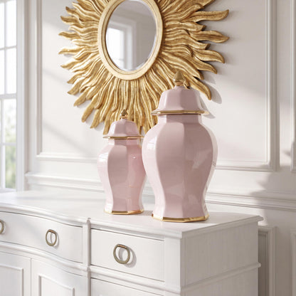 Pink Hexagon Ceramic Jar with Gold Trim, Large